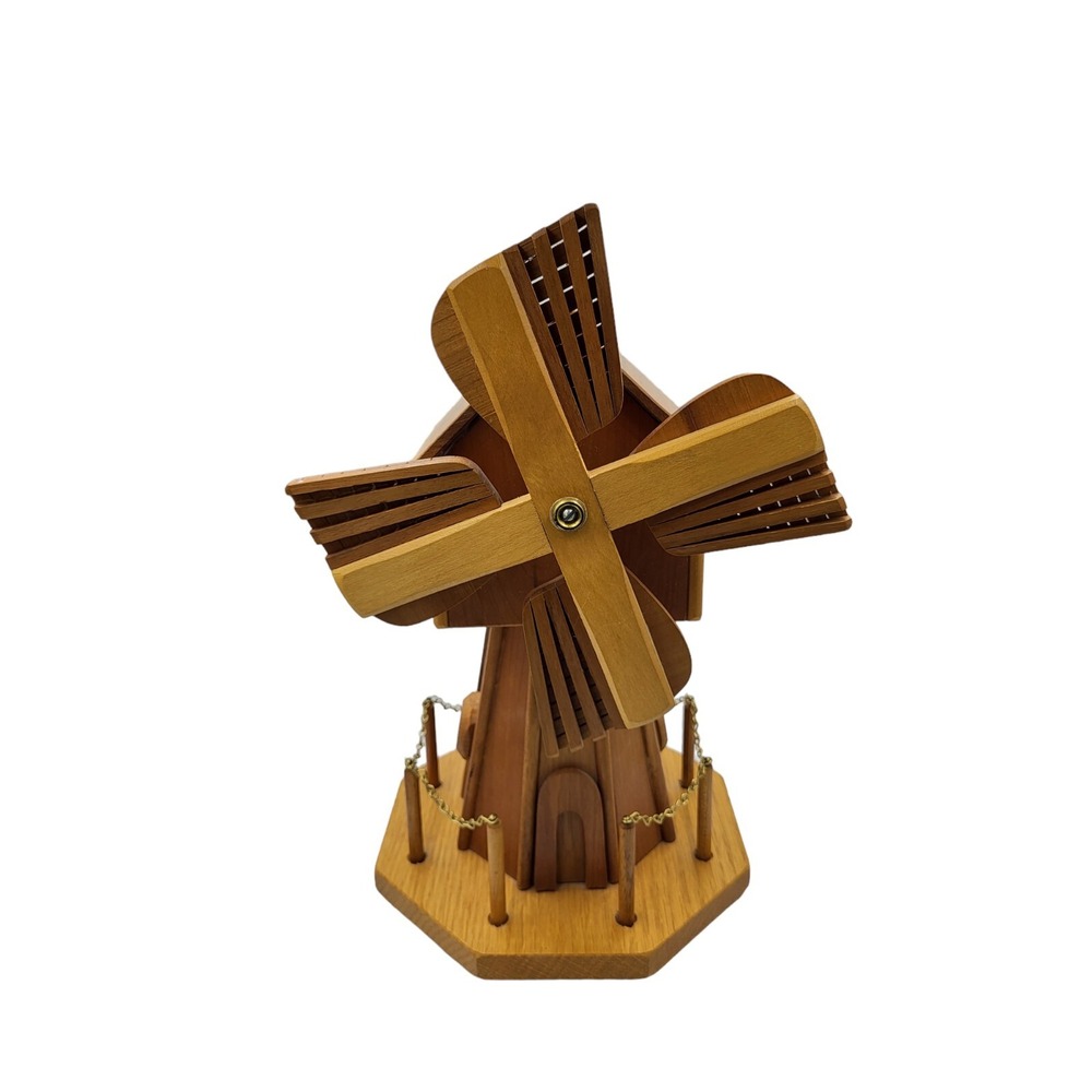 Vintage Wooden Windmill Music Box Wind-up Blades Plays‎ 'Skaters Waltz' Solid